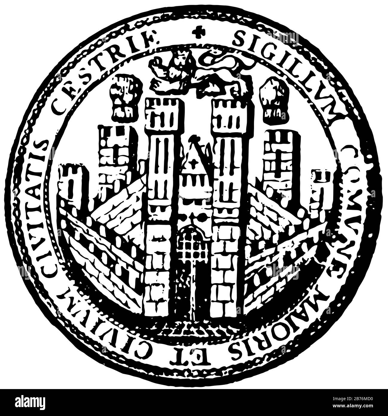 Il sigillo per la città di Chester, Inghilterra, il sigillo è a forma di cerchio, c'è un leone in cima al castello, e poche parole menzionano il sigillo, quelle parole sono S Illustrazione Vettoriale
