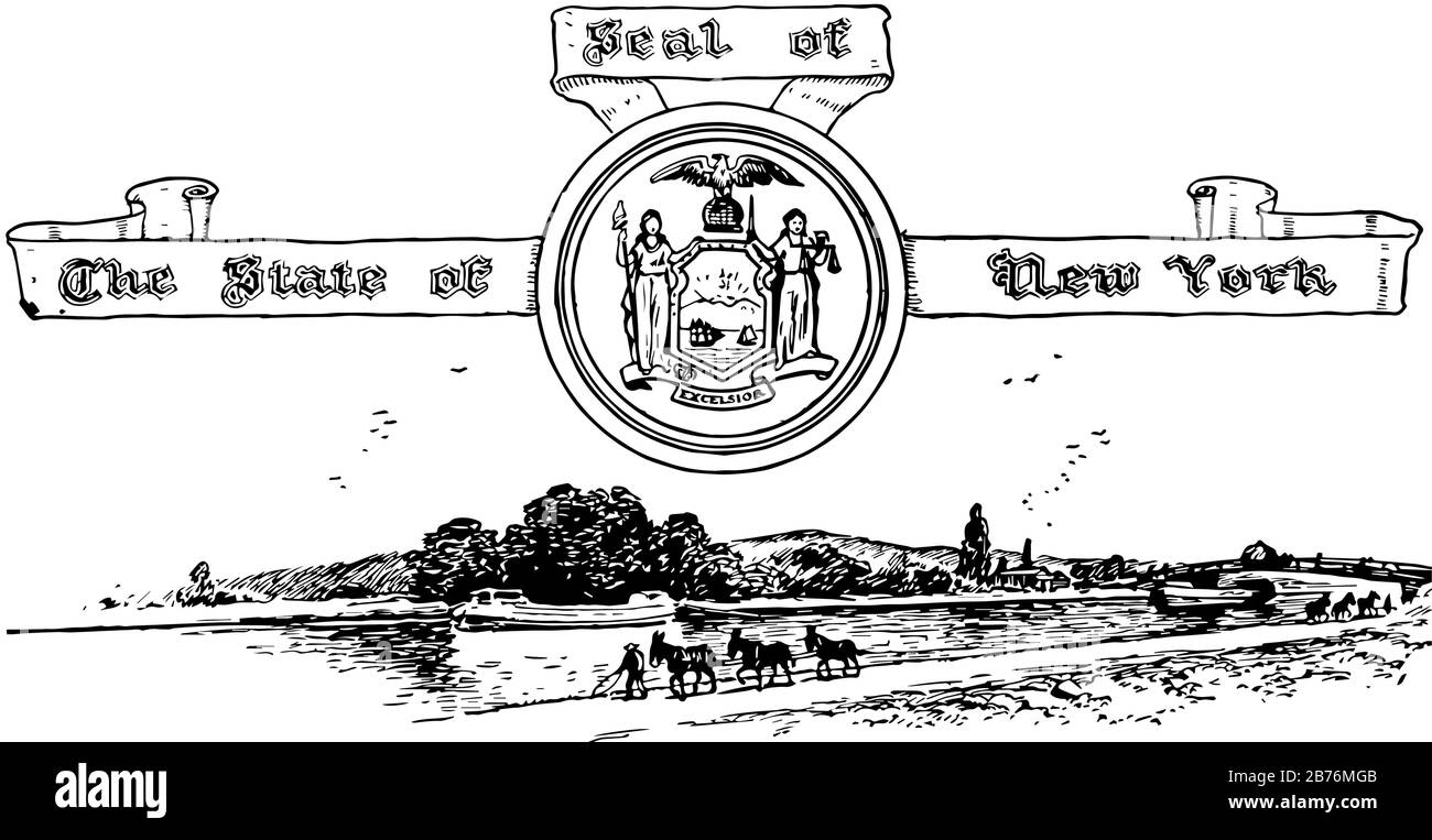 Il sigillo degli Stati Uniti di New York, questo sigillo ha due figure femminili che tengono lo scudo con l'alba, le montagne & le navi, una scala di equilibrio femminile in Illustrazione Vettoriale