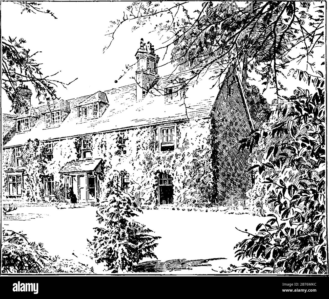 George Herbert's Rector House situato a Bremerton, era un poeta e sacerdote del XVII Secolo, disegno di linea d'epoca o illustrazione di incisione. Illustrazione Vettoriale