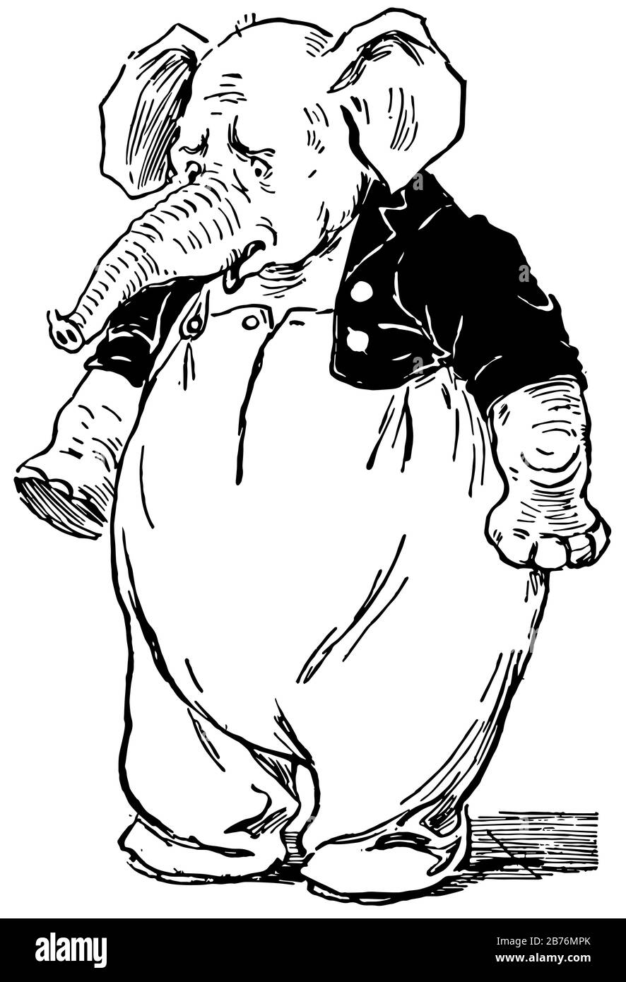 Un elefante in abito umano, disegno di linea vintage o illustrazione di incisione Illustrazione Vettoriale
