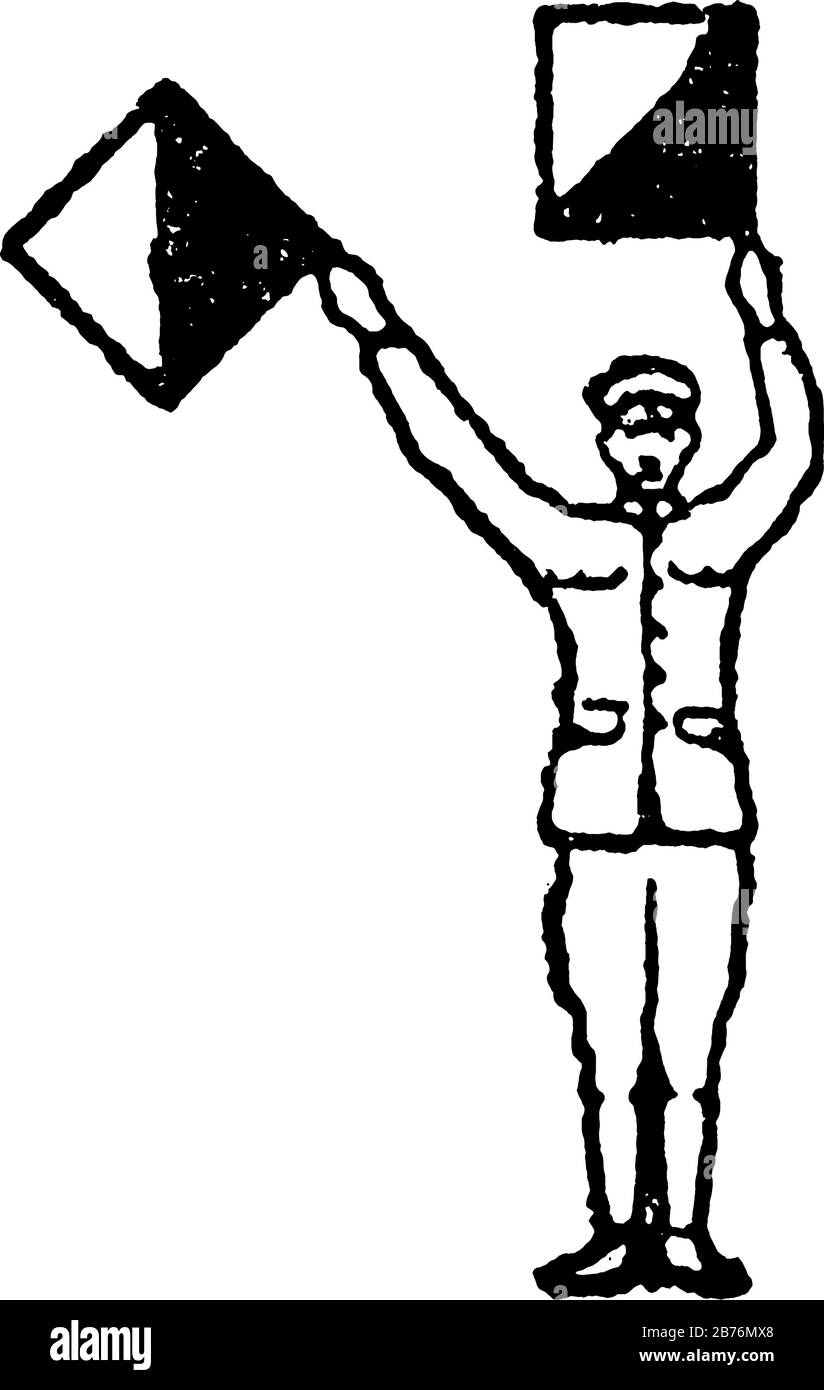 Segnale di bandiera per la lettera T, un uomo in possesso di due bandiere, la bandiera di destra è in 135 gradi in su e la bandiera di sinistra 180 gradi in su in aria, linea d vintage Illustrazione Vettoriale