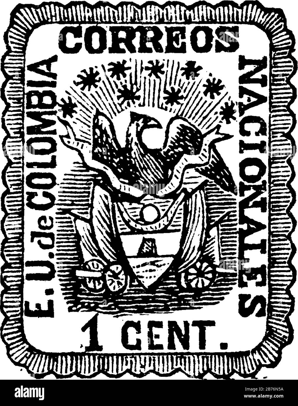 Francobollo della Repubblica colombiana (1 centavo) dal 1865, un piccolo pezzo adesivo di carta è stato attaccato a qualcosa per mostrare una quantità di denaro pagato, vintage line d Illustrazione Vettoriale