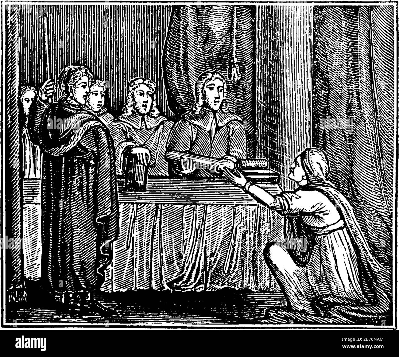 Renee Corbeau nei regali dei giudici che invocano la sua libertà di amare, entra nella camera interna prima che i giudici siano stati separati e piangere, vint Illustrazione Vettoriale