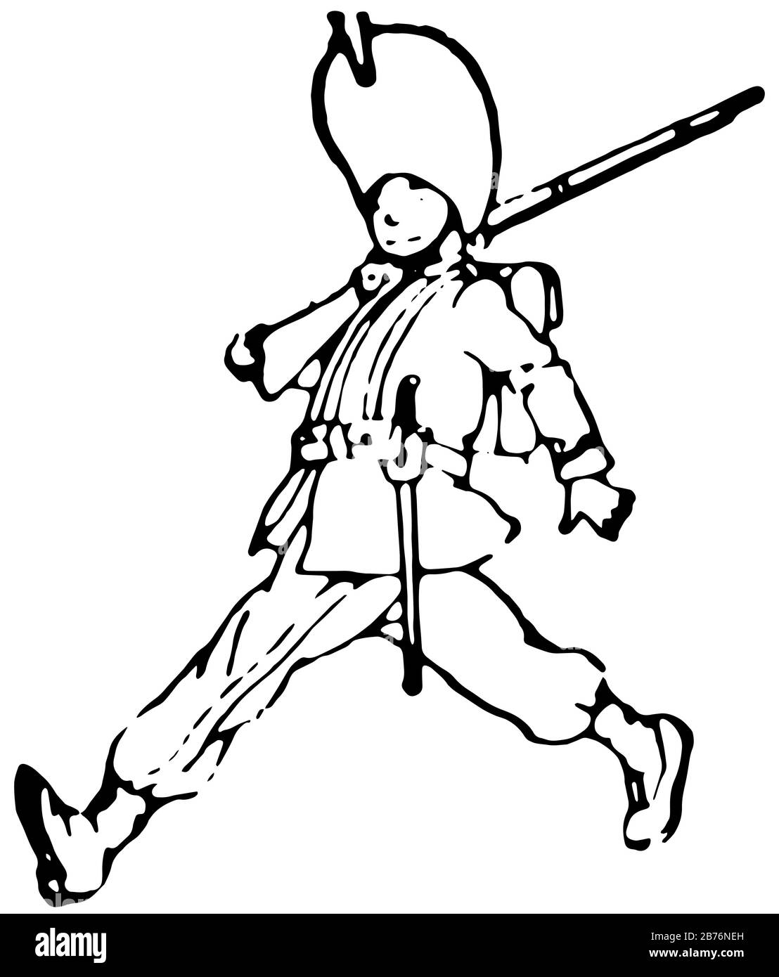 Granadier, questa scena mostra Grenadier marciando e portando pistola, linea vintage disegno o incisione illustrazione Illustrazione Vettoriale