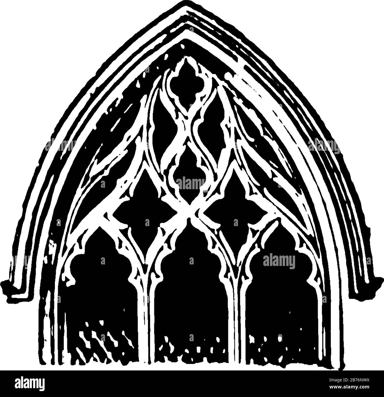 Il Tracery è la caratteristica chiave delle fasi successive, lo stile architettonico gotico ha utilizzato una serie di categorie piuttosto arbitrarie, supposta evoluzione, linea vintage Illustrazione Vettoriale