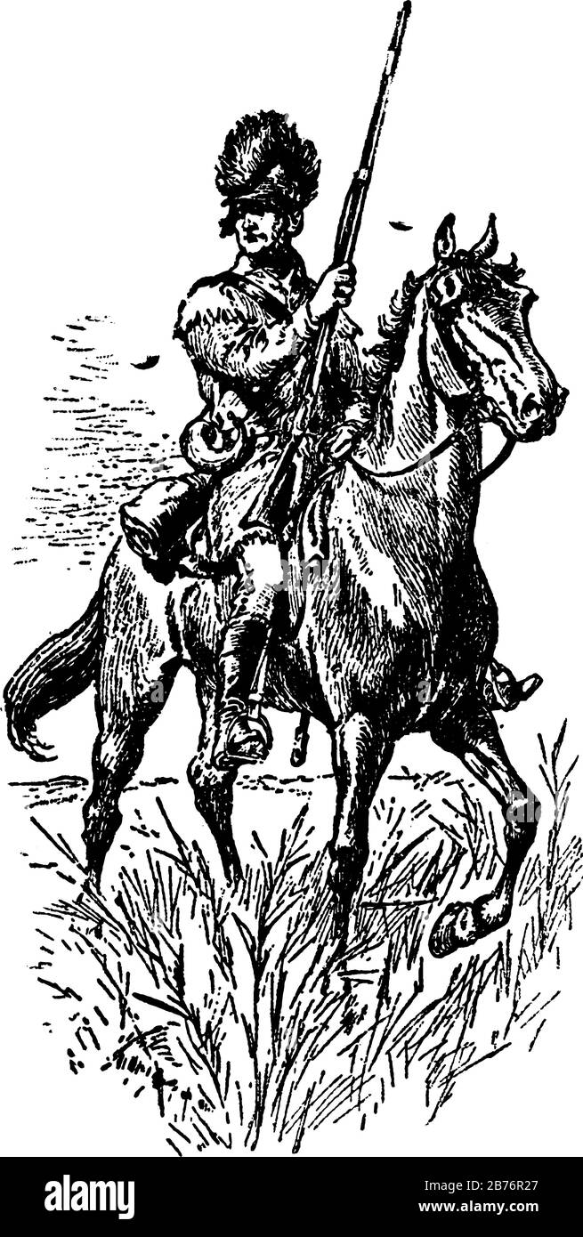 L'immagine raffigura un soldato americano a cavallo, con armi potenti e combattendo gli inglesi per il sud nella Guerra d'indipendenza, v Illustrazione Vettoriale