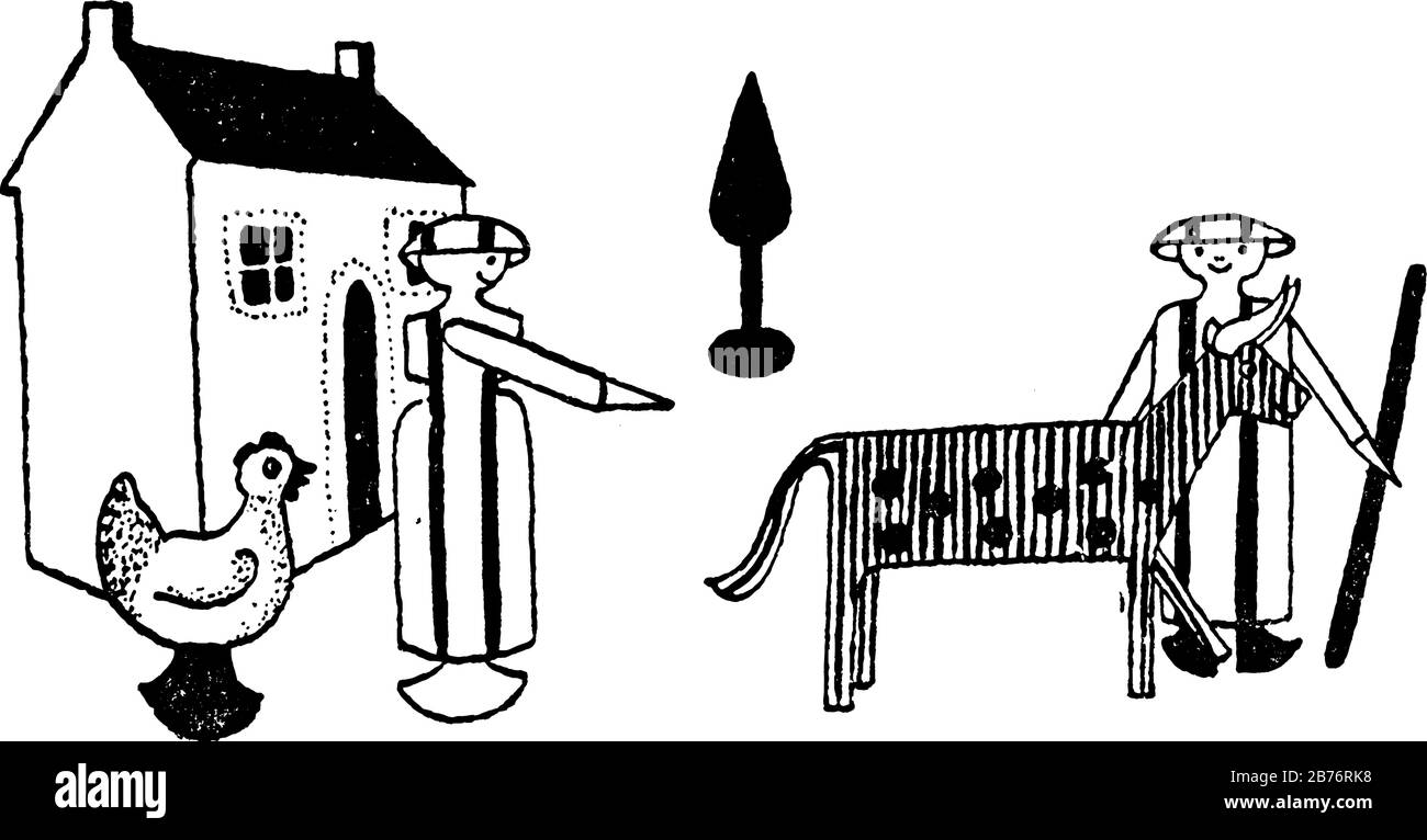 La foto raffigura una fattoria di cartoni animati insieme ad alcuni animali, in cui, la madre di Hans chiede ad Hans di portare la mucca al pascolo, vintage line disegno o engra Illustrazione Vettoriale