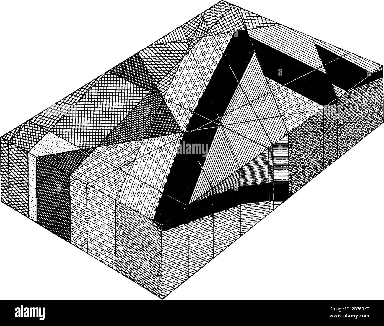 Mostra la struttura dedotta in prossimità del triangolo. Conglomerato di Arkose: Linee ed ellissi; basalto anteriore: Aree nere, disegno di linea vintage Illustrazione Vettoriale