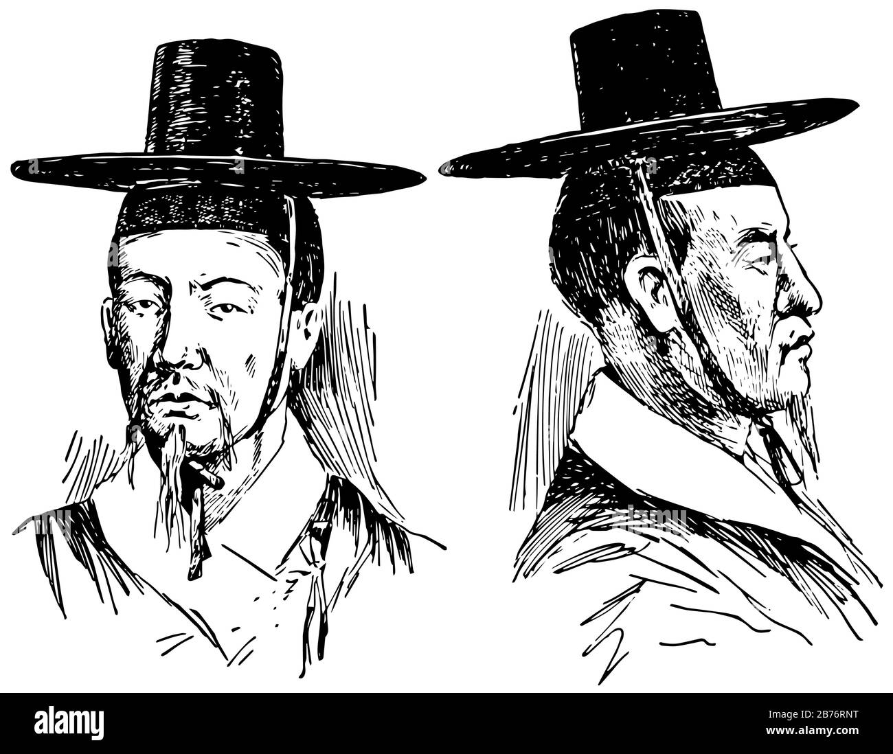 Cappelli coreani che indossano un uomo, disegno di linea vintage o illustrazione di incisione. Illustrazione Vettoriale