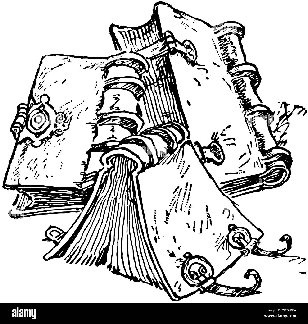 Libri o Manuali, realizzati a mano, a mano, con disegno a linea vintage o con illustrazione per incisione. Illustrazione Vettoriale