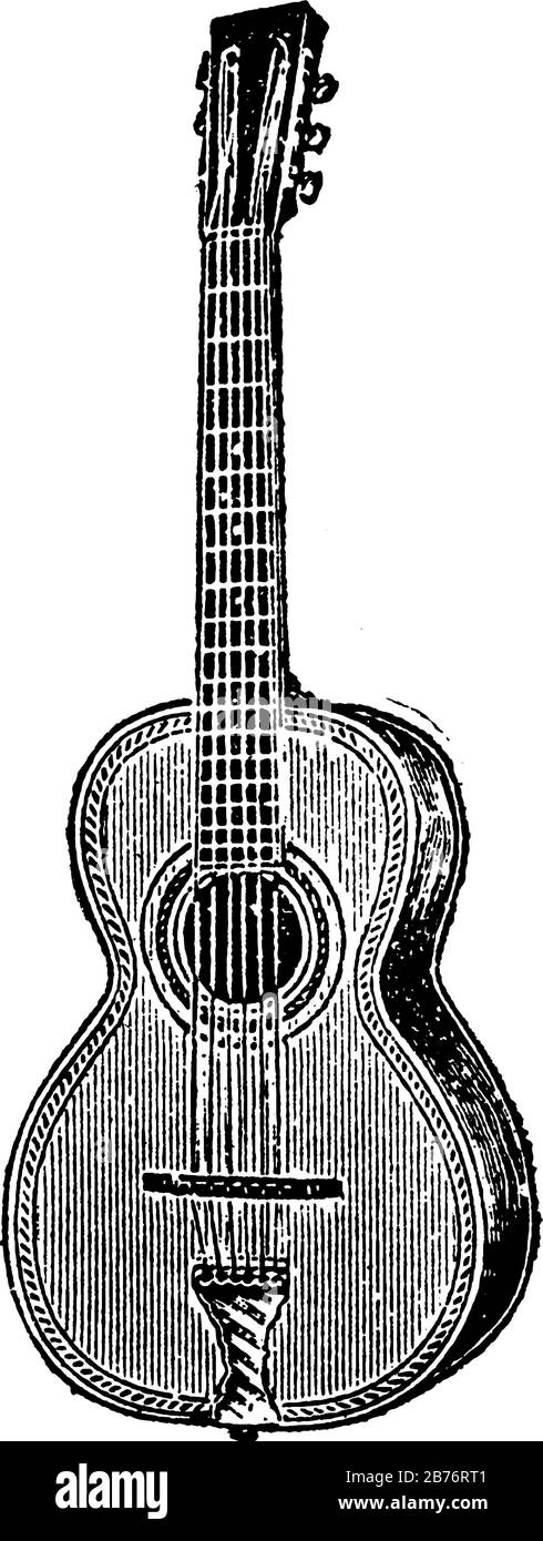 Una chitarra acustica con sei corde sintonizzate in modo indifferente:  Basso e, A, D, G, B e alto E., che mostra la chitarra in tre diverse  immagini, Vintag Immagine e Vettoriale -