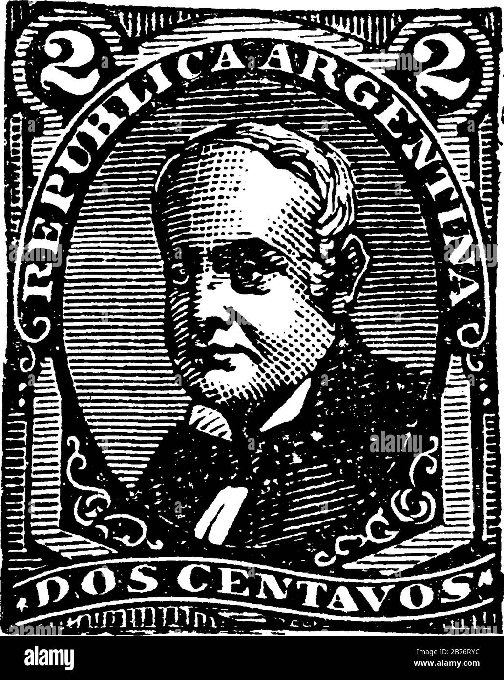 Francobollo argentino (2 centavos) dal 1877-1880, un piccolo pezzo adesivo di carta è stato attaccato a qualcosa per mostrare una quantità di denaro pagato, vintage Illustrazione Vettoriale