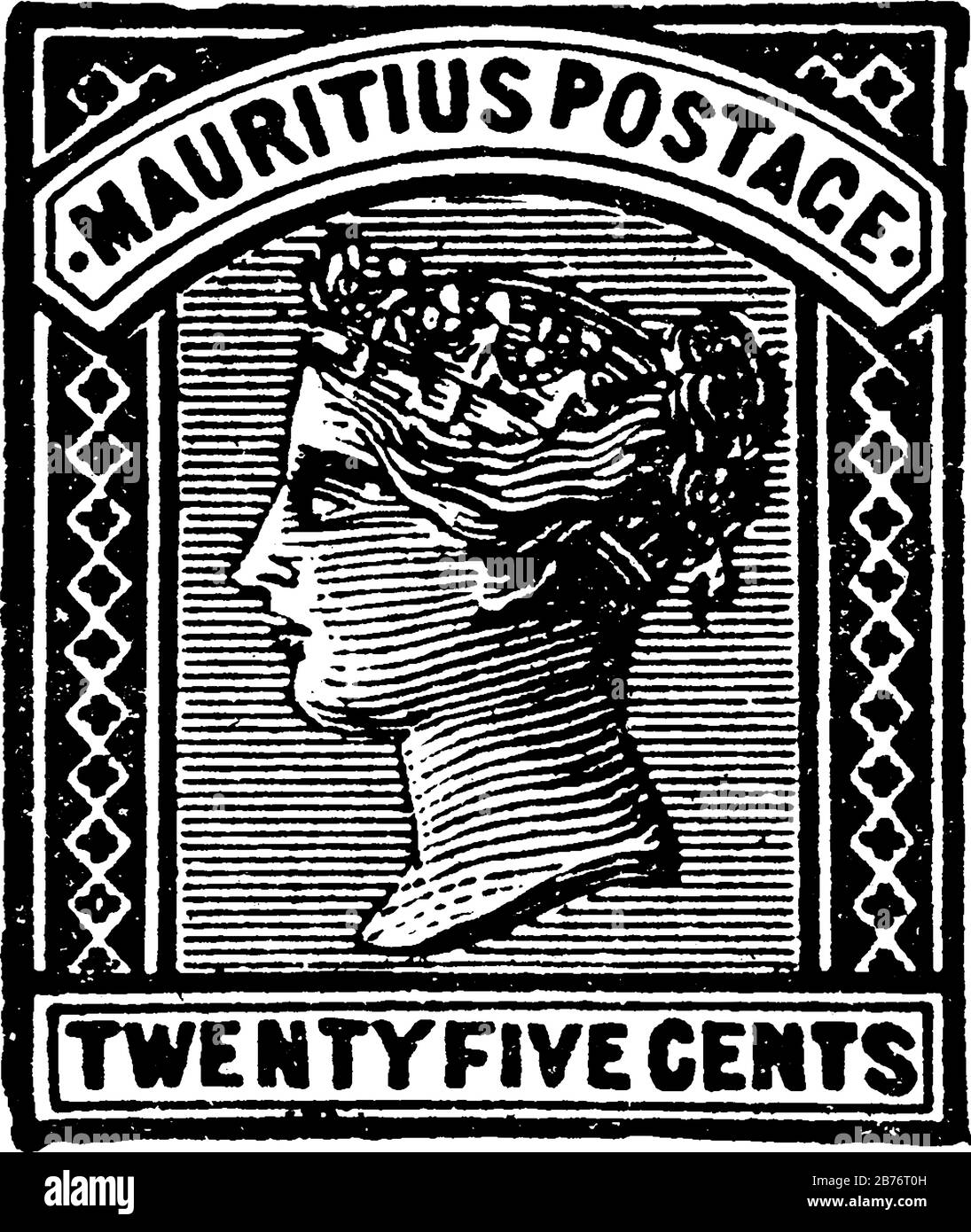 Mauritius Stamp (25 centesimi) dal 1880, un piccolo pezzo adesivo di carta è stato attaccato a qualcosa per mostrare una quantità di denaro pagato, principalmente un francobollo, Illustrazione Vettoriale