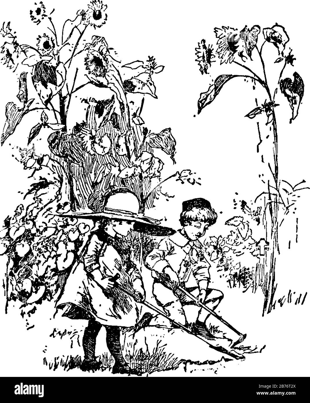 L'immagine raffigura un ragazzino e una bambina che indossa un cappello grande, girasoli giardinaggio con l'aiuto di alcuni strumenti, disegno linea vintage o incisione Illustrazione Vettoriale