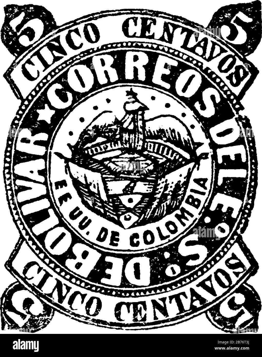 Bolivar, francobollo della Repubblica colombiana (5 centavos) dal 1877-1878, un piccolo pezzo adesivo di carta è stato attaccato a qualcosa mostrare una quantità di denaro pagato, Illustrazione Vettoriale