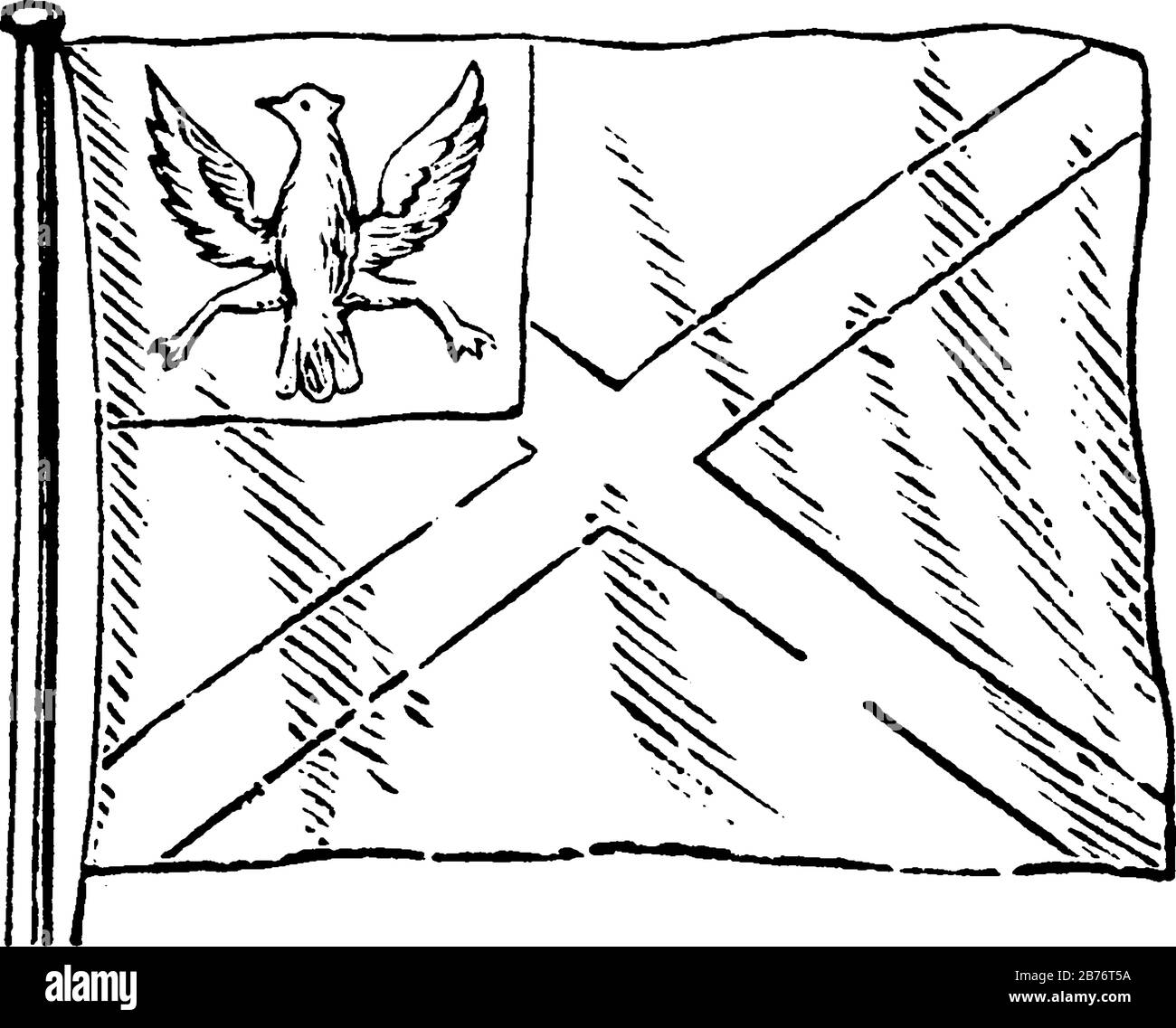 Bandiera polacca con il simbolo di un'aquila nell'angolo in alto a sinistra e una capitale, 'X', che corre attraverso la bandiera, il disegno linea vintage o incisione illustra Illustrazione Vettoriale