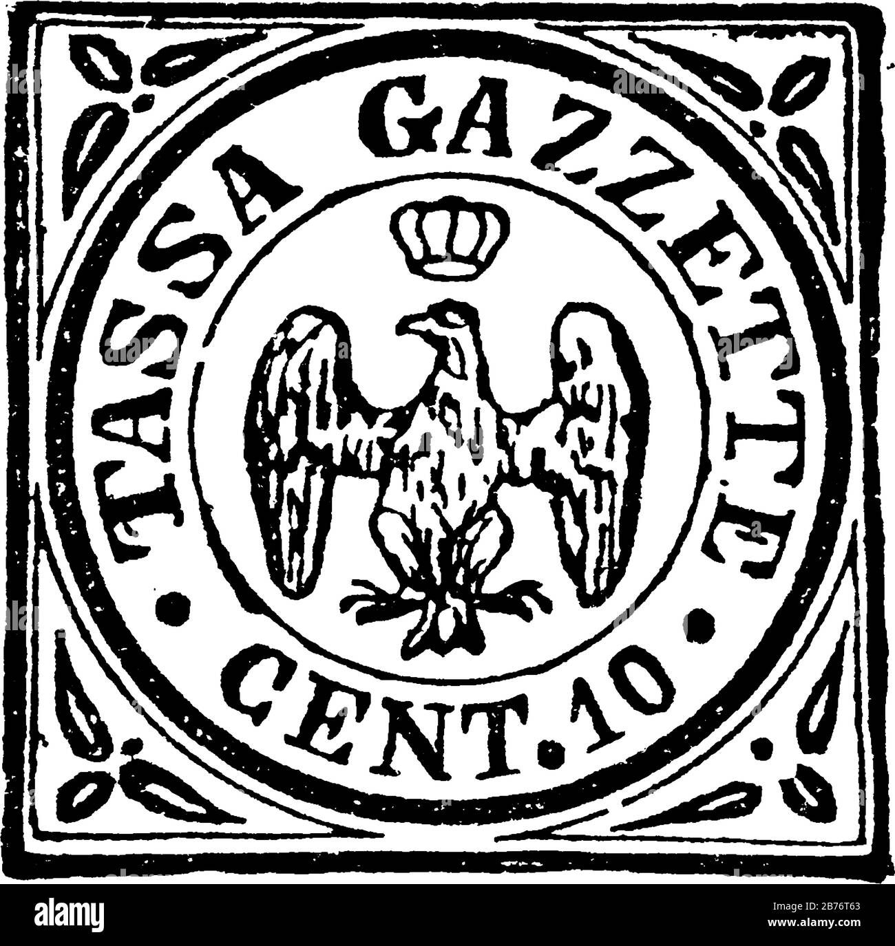 Modena Newspaper Stamp (10 centesimi) dal 1859, un piccolo pezzo di carta adesiva attaccata a qualcosa per mostrare una quantità di denaro pagato, principalmente uno stam affrancatura Illustrazione Vettoriale