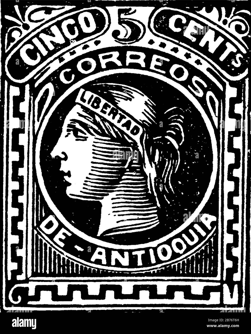 Antioquia, francobollo colombiano (5 centavos) dal 1883, un piccolo pezzo di carta adesiva è stato attaccato a qualcosa per mostrare una quantità di denaro pagato, vi Illustrazione Vettoriale