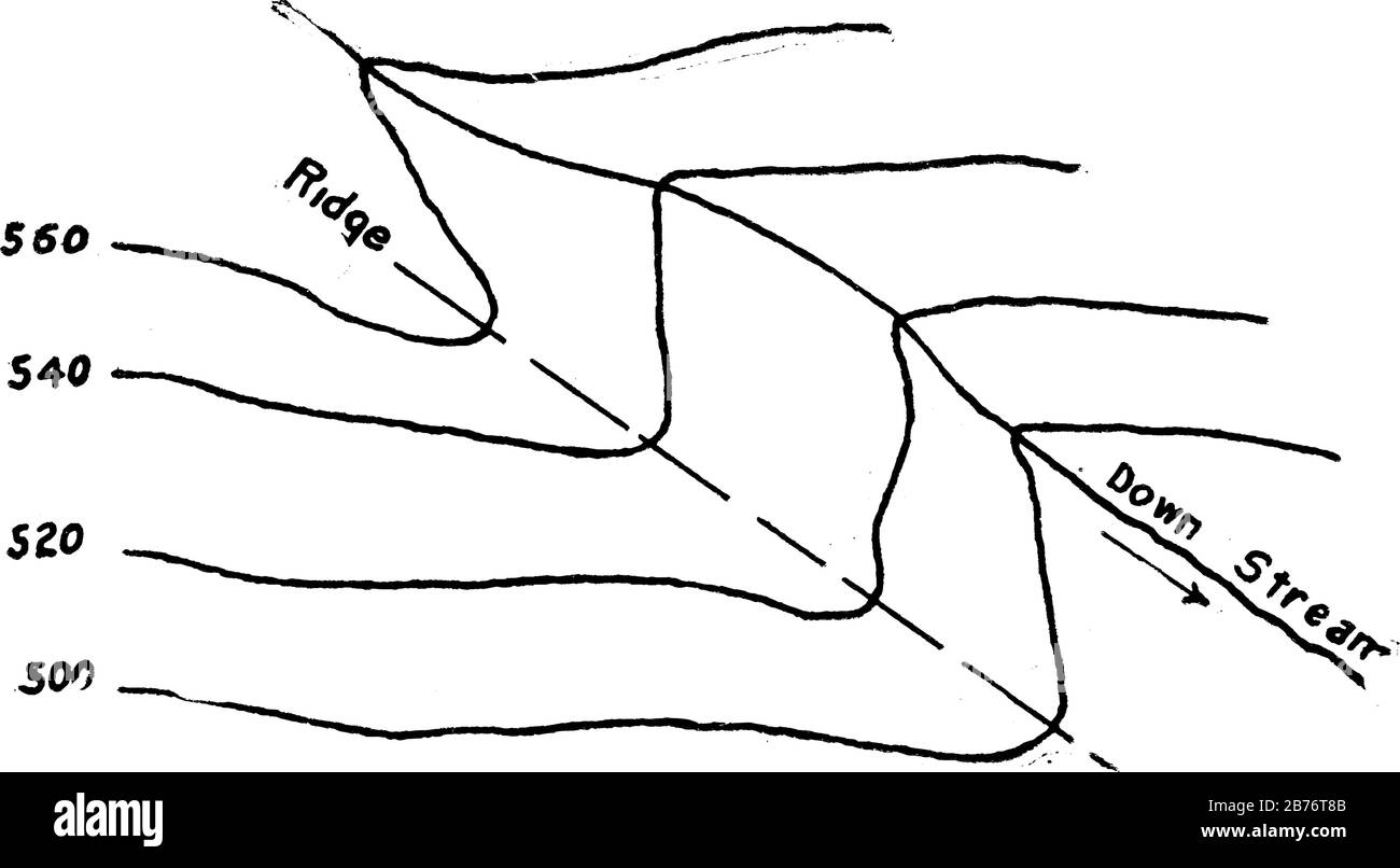 Le Linee di contorno sono linee su una mappa che uniscono punti di uguale altezza sopra o sotto il livello del mare, disegno di linee vintage o illustrazione di incisione. Illustrazione Vettoriale