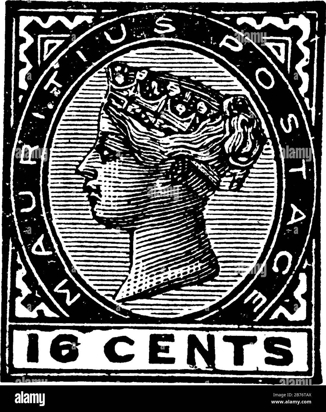 Mauritius Stamp (16 centesimi) dal 1885, un piccolo pezzo adesivo di carta è stato attaccato a qualcosa per mostrare una quantità di denaro pagato, principalmente un francobollo, Illustrazione Vettoriale
