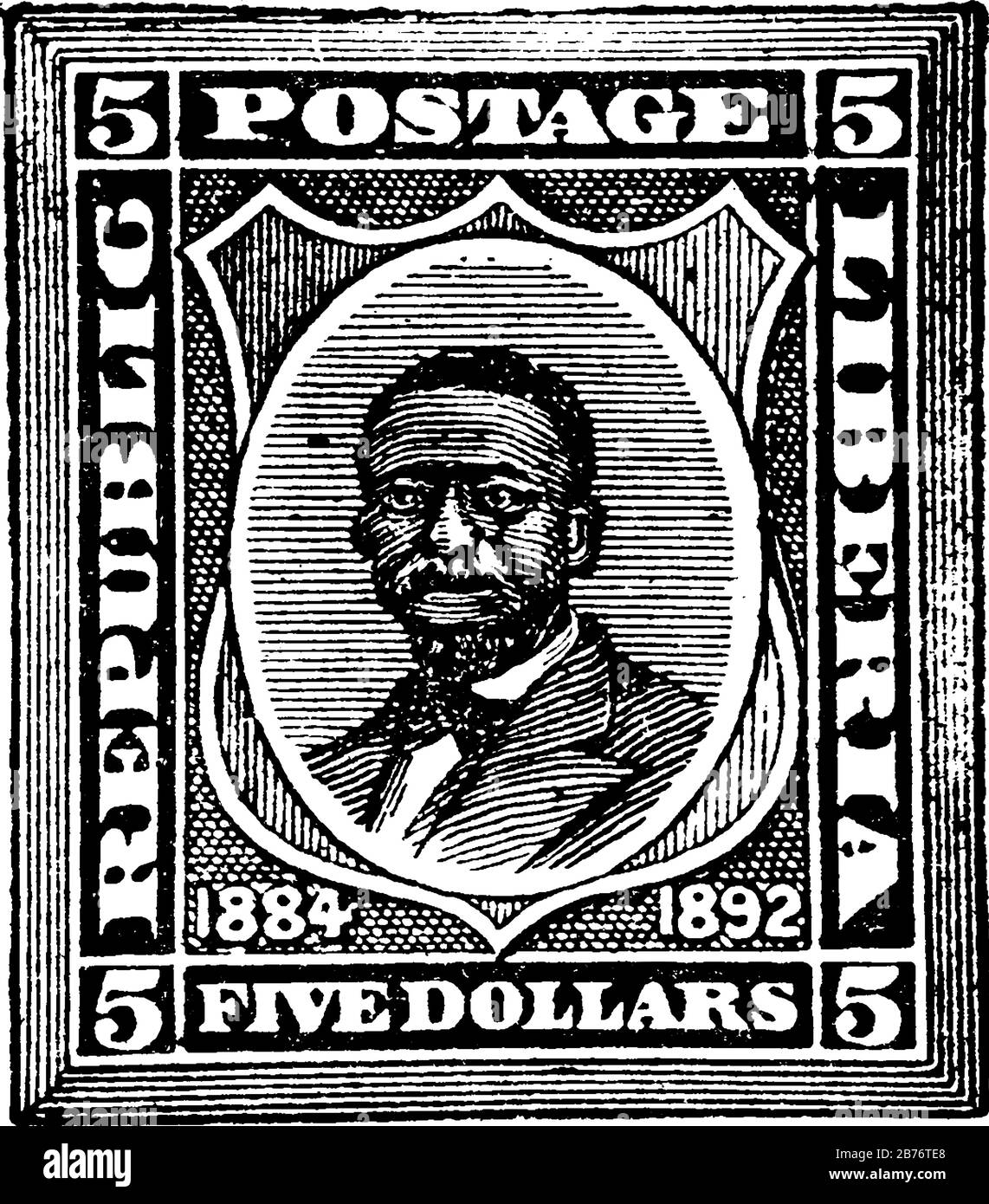 Liberia Stamp (5 dollari) dal 1892, un piccolo pezzo adesivo di carta attaccato a qualcosa per mostrare una quantità di denaro pagato, principalmente un francobollo, vinta Illustrazione Vettoriale