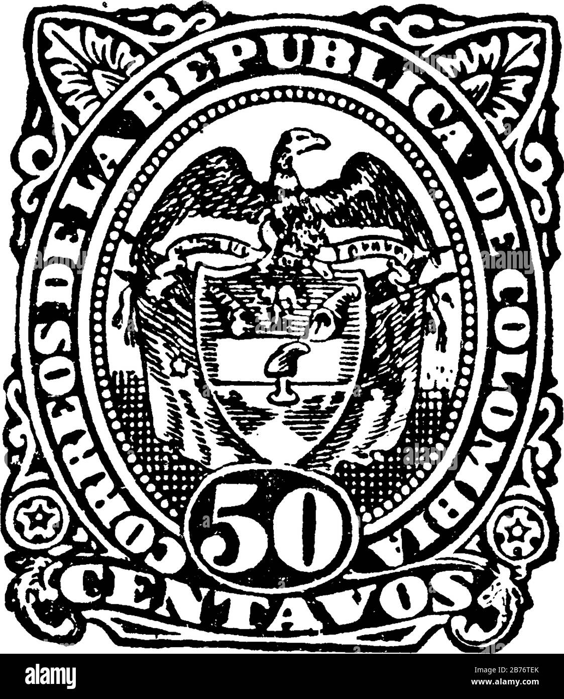 Francobollo della Repubblica colombiana (50 centavos) dal 1888-1889, un piccolo pezzo adesivo di carta è stato attaccato a qualcosa per mostrare una quantità di denaro pagato, vintage Illustrazione Vettoriale