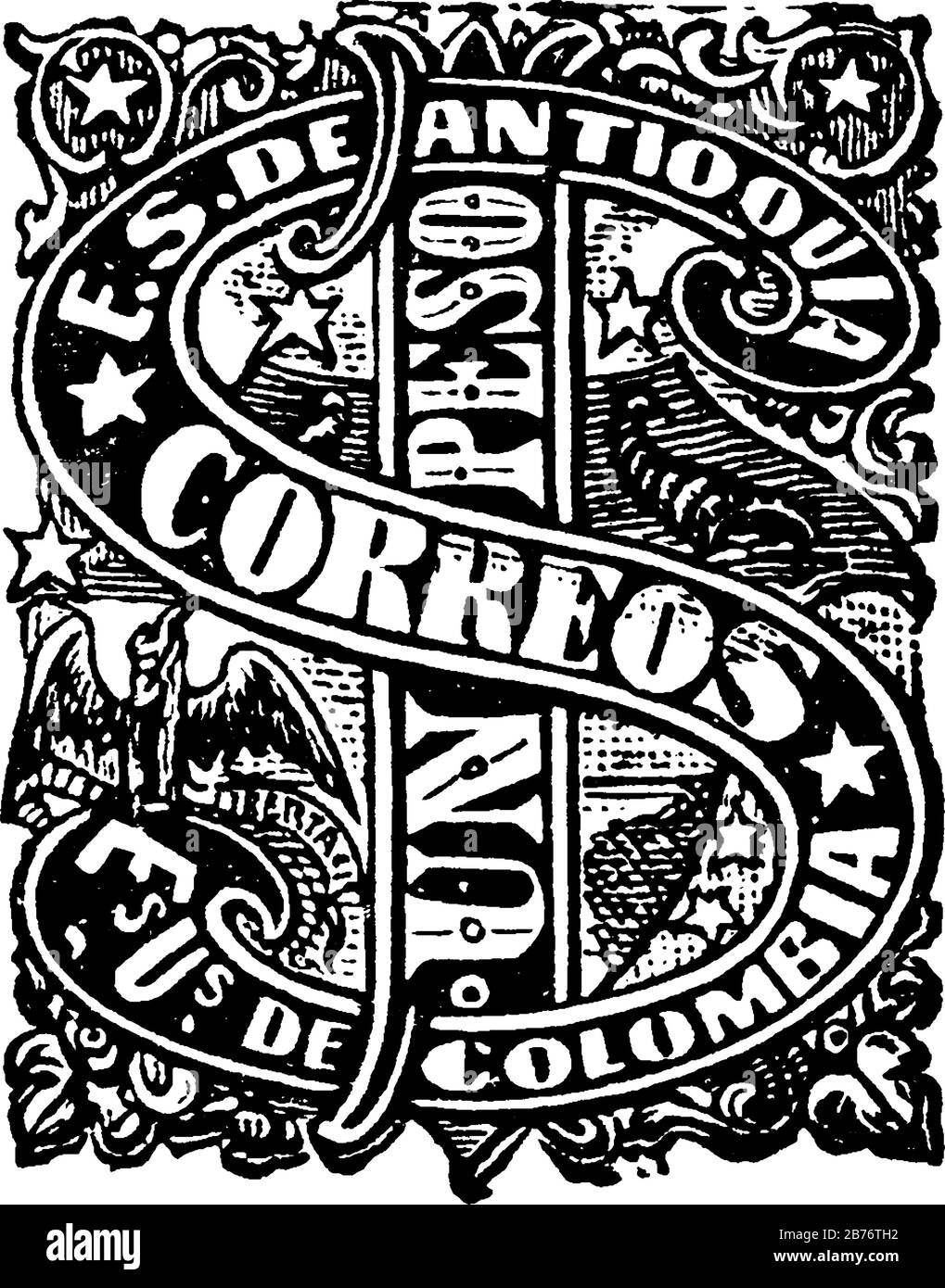 Antioquia, francobollo della Repubblica colombiana (1 peso) dal 1873, un piccolo pezzo adesivo di carta è stato attaccato a qualcosa per mostrare una quantità di denaro pagato, vintag Illustrazione Vettoriale