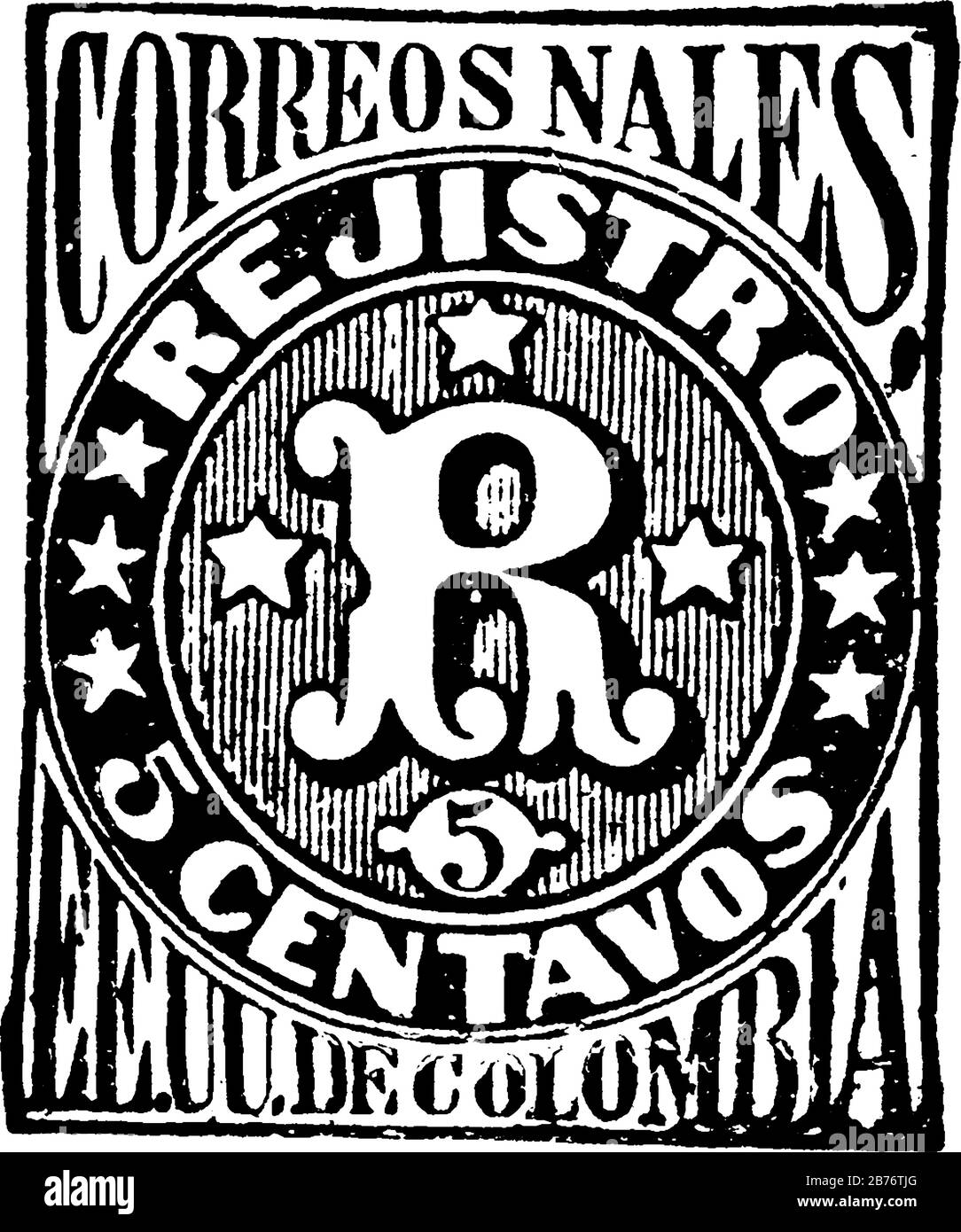 Francobollo di registrazione della Repubblica colombiana (5 centavos) dal 1870, un piccolo pezzo adesivo di carta bloccato a qualcosa per mostrare una quantità di denaro pagato, menta Illustrazione Vettoriale