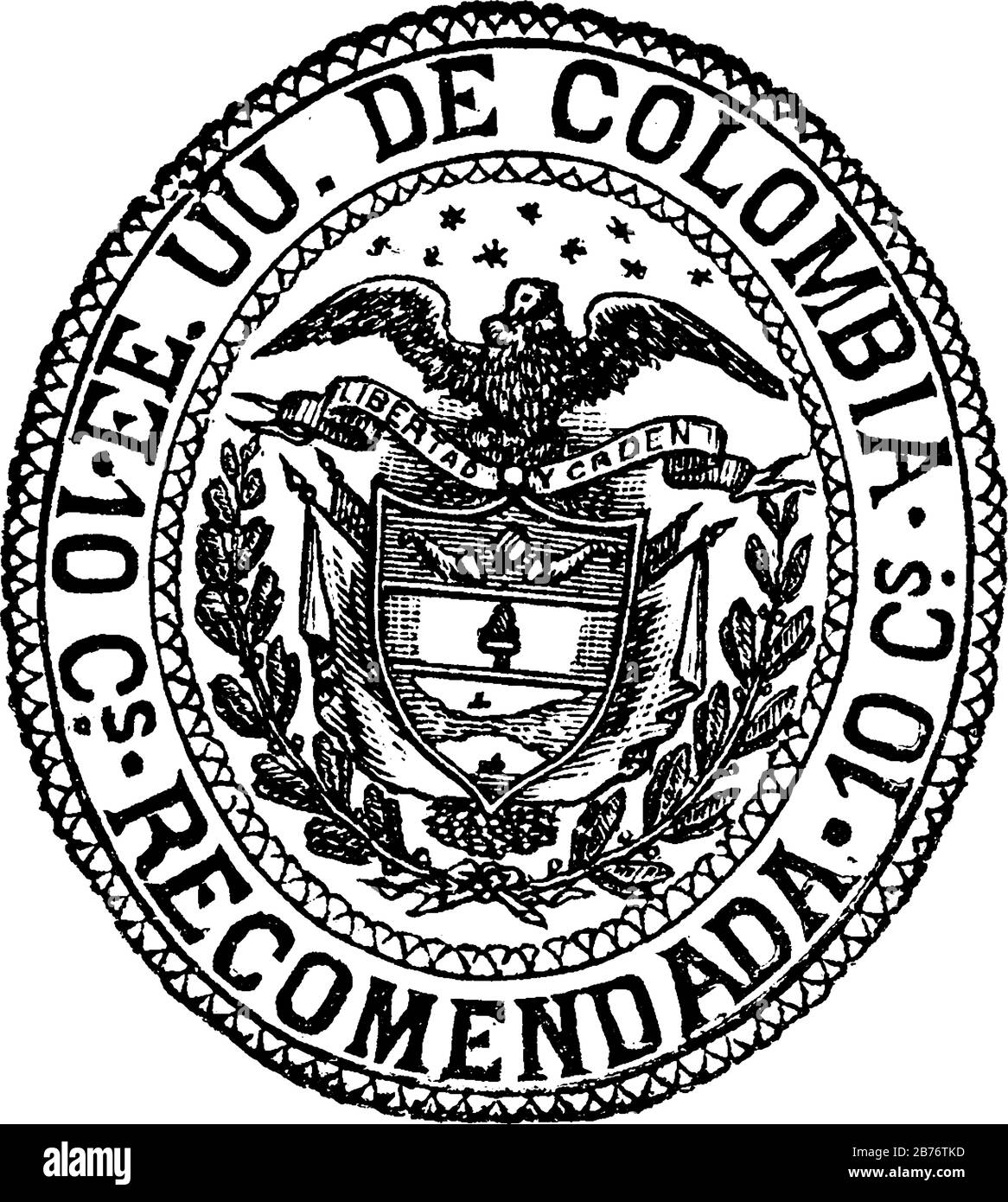 Francobollo di registrazione della Repubblica colombiana (10 centavos) dal 1881, un piccolo pezzo di carta adesivo bloccato a qualcosa per mostrare una quantità di denaro pagato, vin Illustrazione Vettoriale