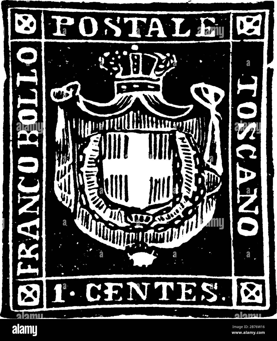 Tuscany Provvisoria Governo Stamp (1 centesimi) dal 1860, un piccolo pezzo di carta adesivo è stato bloccato a qualcosa per mostrare una quantità di denaro pagato, menta Illustrazione Vettoriale