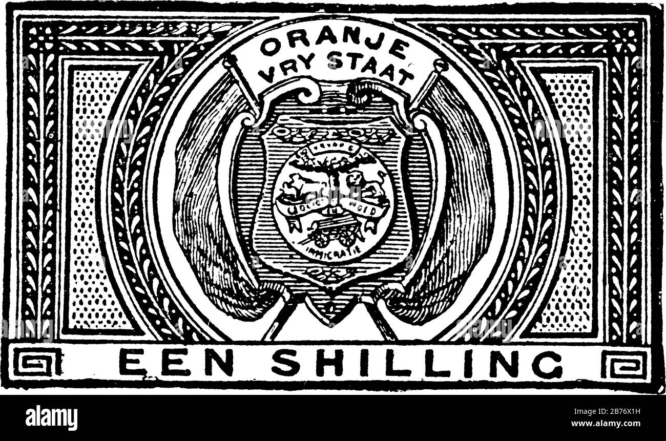 Orange Free state Revenue Stamp (1 scellino) dal 1882, un pezzo di carta adesivo è stato bloccato a qualcosa per mostrare una quantità di denaro pagato, vintage lin Illustrazione Vettoriale
