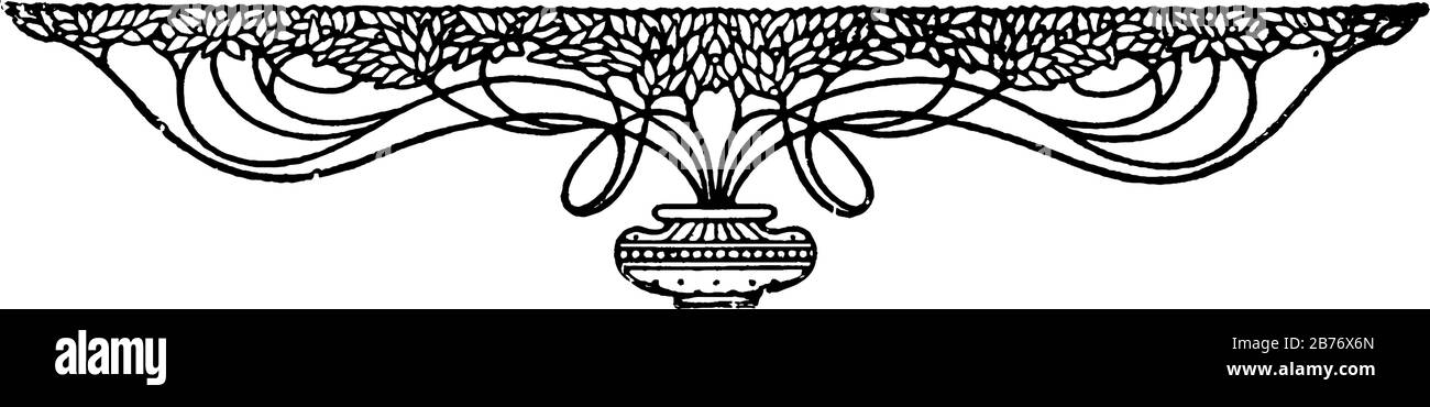 Un doodad decorativo o divisorio di disegni ripetuti e modelli eleganti audaci di una pianta che scricchiola fuori da un vaso che è anche inciso con disegni, v Illustrazione Vettoriale