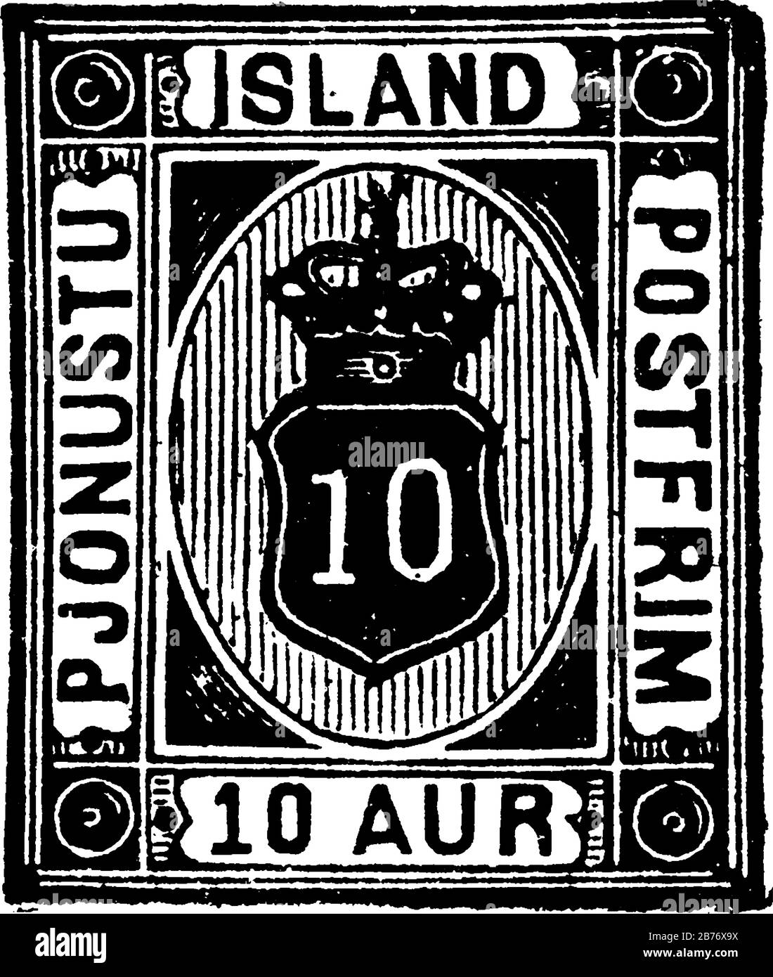 Islanda timbro ufficiale (2 aur.) dal 1876, un piccolo pezzo adesivo di carta attaccato a qualcosa per mostrare una quantità di denaro pagato, principalmente un francobollo, Illustrazione Vettoriale