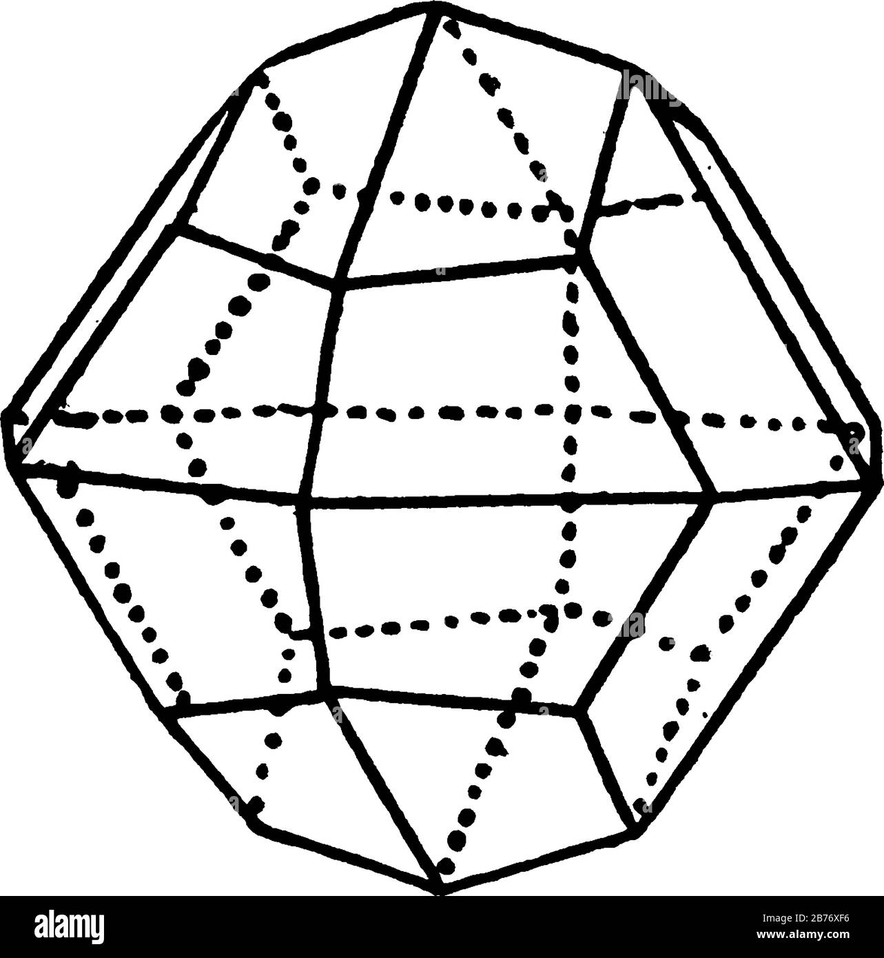 In geometria, un dodecaedro quadrilatero è qualsiasi poliedro con dodici facce quadrilatere, disegno a linea vintage o illustrazione dell'incisione. Illustrazione Vettoriale