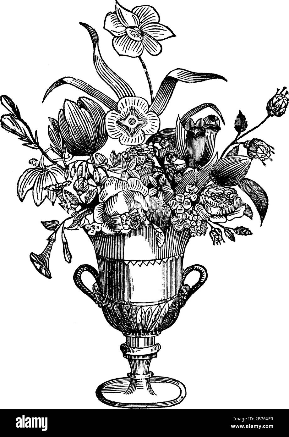 Un contenitore decorativo senza maniglie, tipicamente in vetro o porcellana e utilizzato come ornamento, che mostra fiori recisi, vintage linea disegno o Engr Illustrazione Vettoriale
