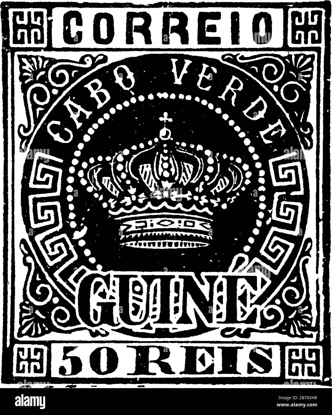 Guinea Stamp (50 reis) dal 1879, un piccolo pezzo adesivo di carta è stato attaccato a qualcosa per mostrare una quantità di denaro pagato, principalmente un francobollo, menta Illustrazione Vettoriale