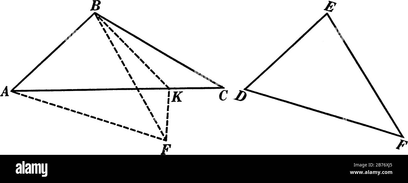 Una rappresentazione tipica della costruzione geometrica quando due triangoli hanno due lati di uno uguali rispettivamente a due lati dell'altro, annata Illustrazione Vettoriale