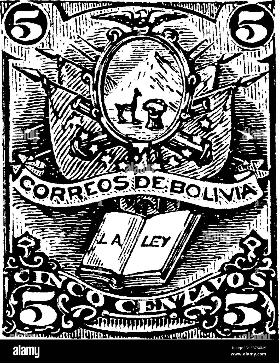 Bolivia Stamp (5 centavos) dal 1876, un piccolo pezzo adesivo di carta bloccato a qualcosa per mostrare una quantità di denaro pagato, principalmente un francobollo, menta Illustrazione Vettoriale