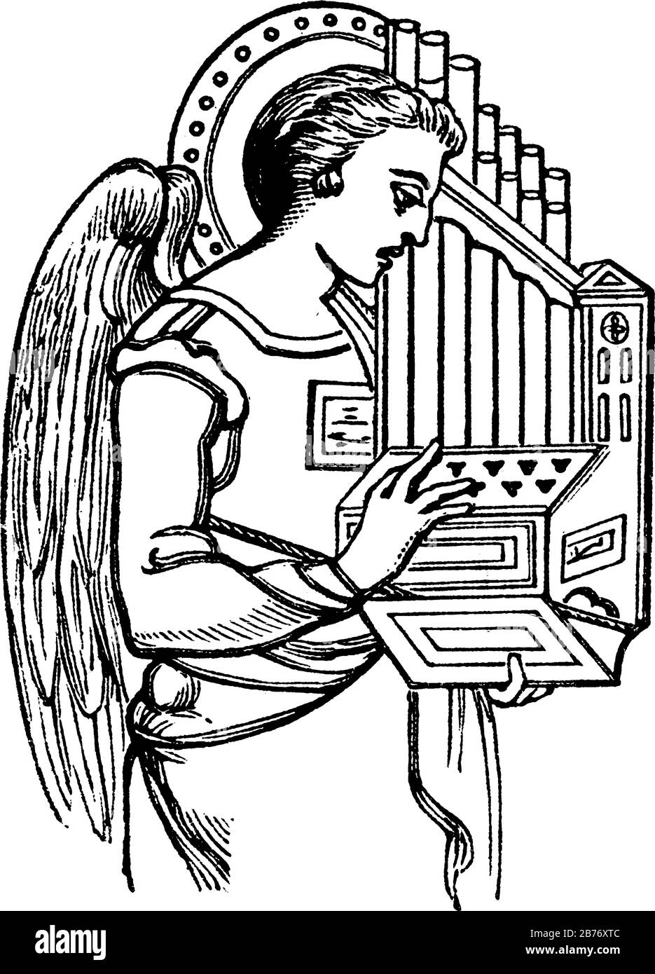 Un piccolo organo portatile suonato con le figure della mano destra, la sinistra essendo utilizzata per la lavorazione dei mantici, utilizzati nei secoli XVI e XVII, Illustrazione Vettoriale