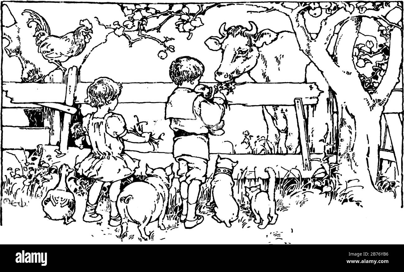 L'immagine raffigura la vista posteriore di due bambini piccoli in una fattoria con un certo numero di animali come cane, cigno, gatto, maiale; e l'alimentazione della mucca, linea d'annata Illustrazione Vettoriale