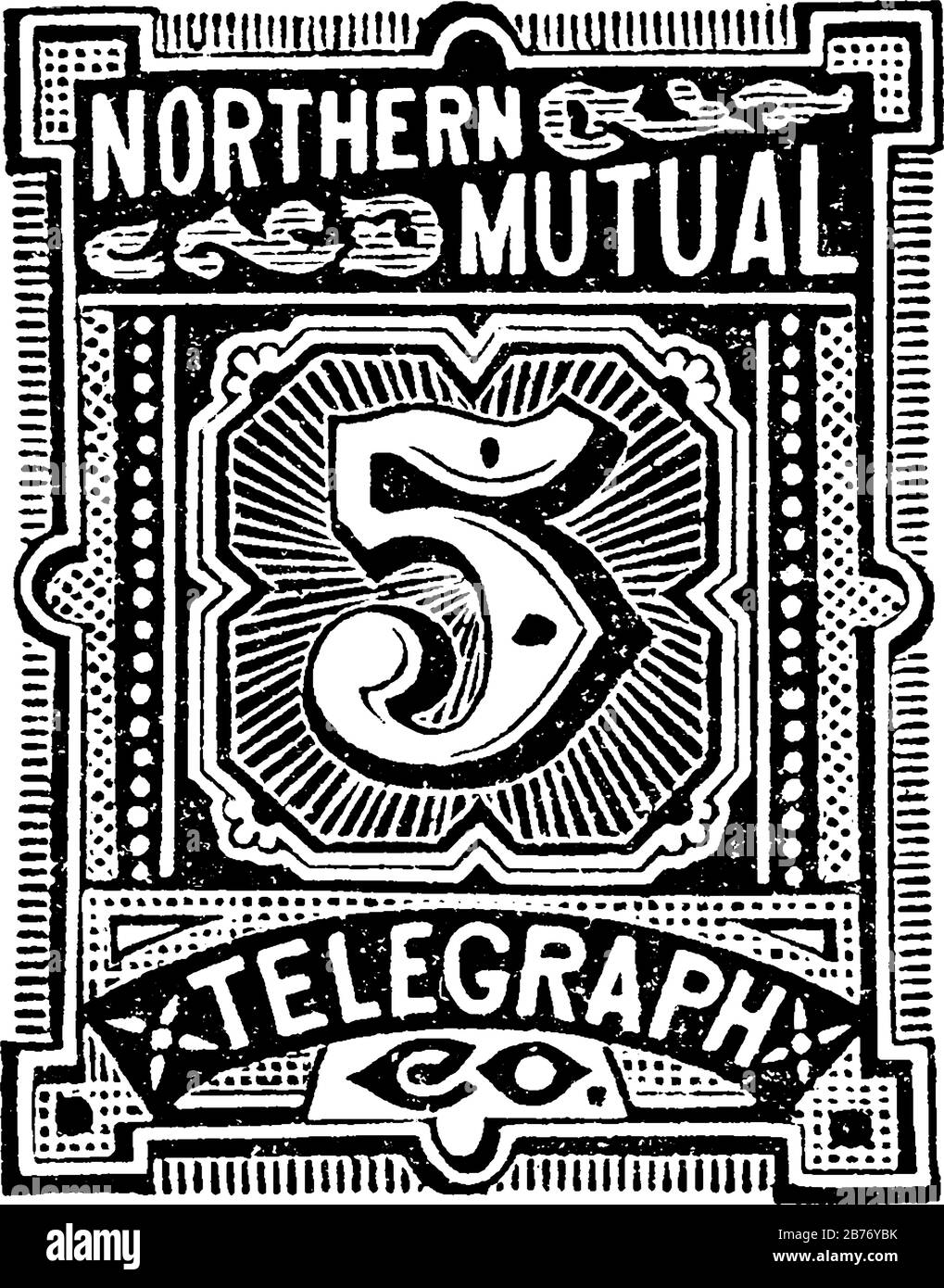 United States Telegraph Stamp (5 centesimi) dal 1888, un piccolo pezzo adesivo di carta bloccato a qualcosa per mostrare una quantità di denaro pagato, linea vintage dr Illustrazione Vettoriale