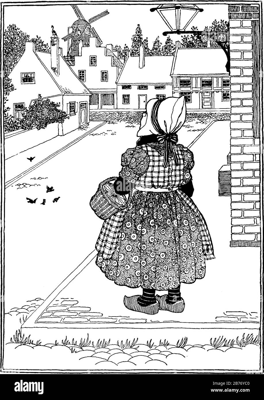 L'immagine raffigura il lato posteriore di una piccola ragazza olandese in Olanda, tenendo un cesto e indossando una rana di disegni ripetuti, e guardando qualcosa Illustrazione Vettoriale