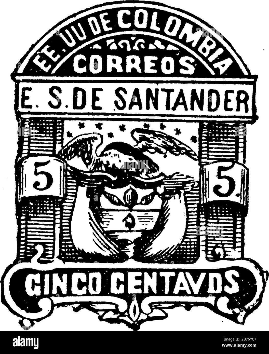 Santander, francobollo della Repubblica colombiana (5 centavos) dal 1886, un piccolo pezzo adesivo di carta è stato attaccato a qualcosa per mostrare una quantità di denaro pagato, vi Illustrazione Vettoriale