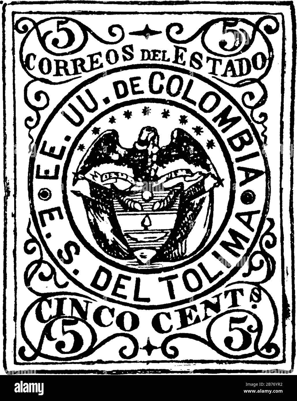 Tolima, francobollo colombiano (5 centavos) dal 1871, un piccolo pezzo di carta adesiva è stato attaccato a qualcosa per mostrare una quantità di denaro pagato, vinta Illustrazione Vettoriale