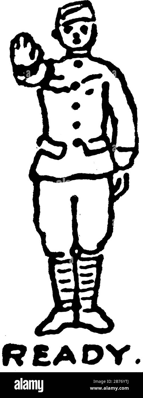 Un soldato che indossa l'uniforme durante il trapano militare ha sollevato la sua una mano ed è venuto alla posizione pronta, disegno di linea vintage o illustrazione di incisione. Illustrazione Vettoriale