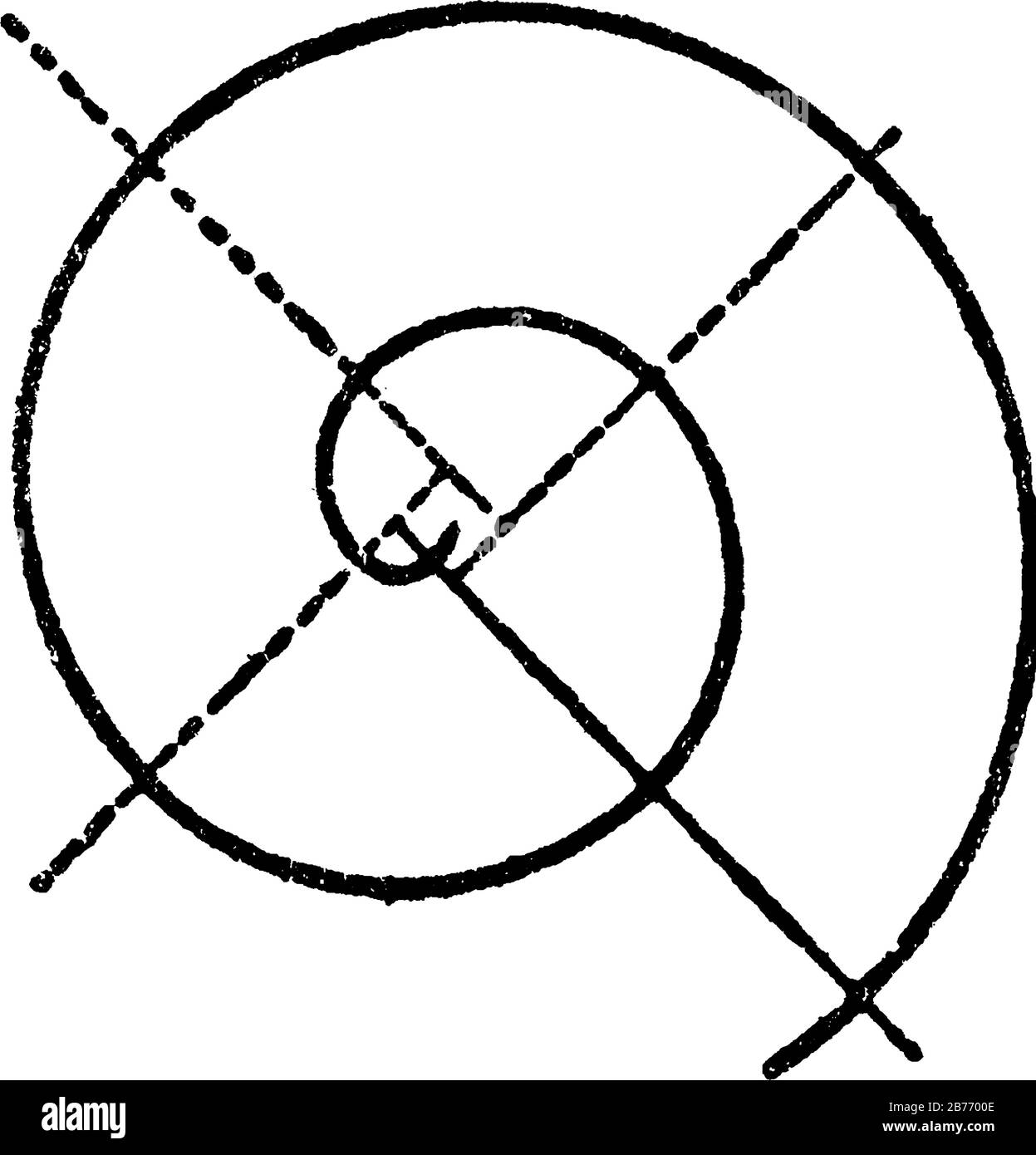 Costruzione di una spirale con bussole e quattro centri. In primo luogo, costruisca un quadrato intorno al centro, con i quattro lati insieme uguale al passo, Illustrazione Vettoriale