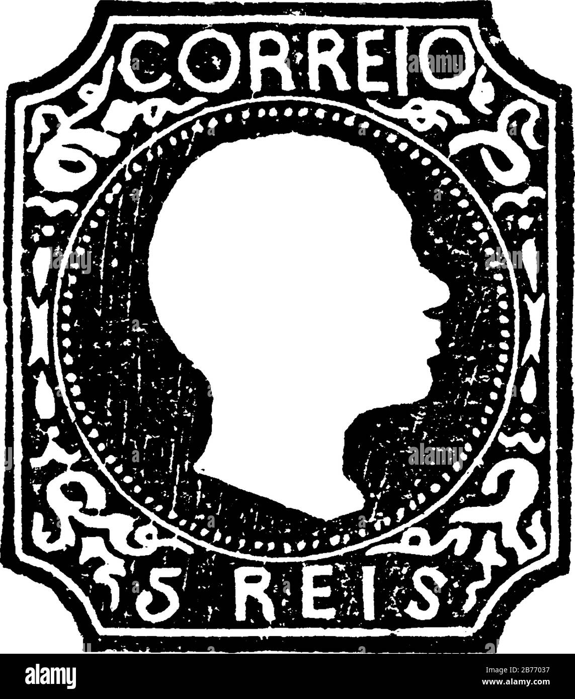 Portugal Stamp (5 reis) dal 1855, un piccolo pezzo adesivo di carta è stato attaccato a qualcosa per mostrare una quantità di denaro pagato, principalmente un francobollo, vin Illustrazione Vettoriale