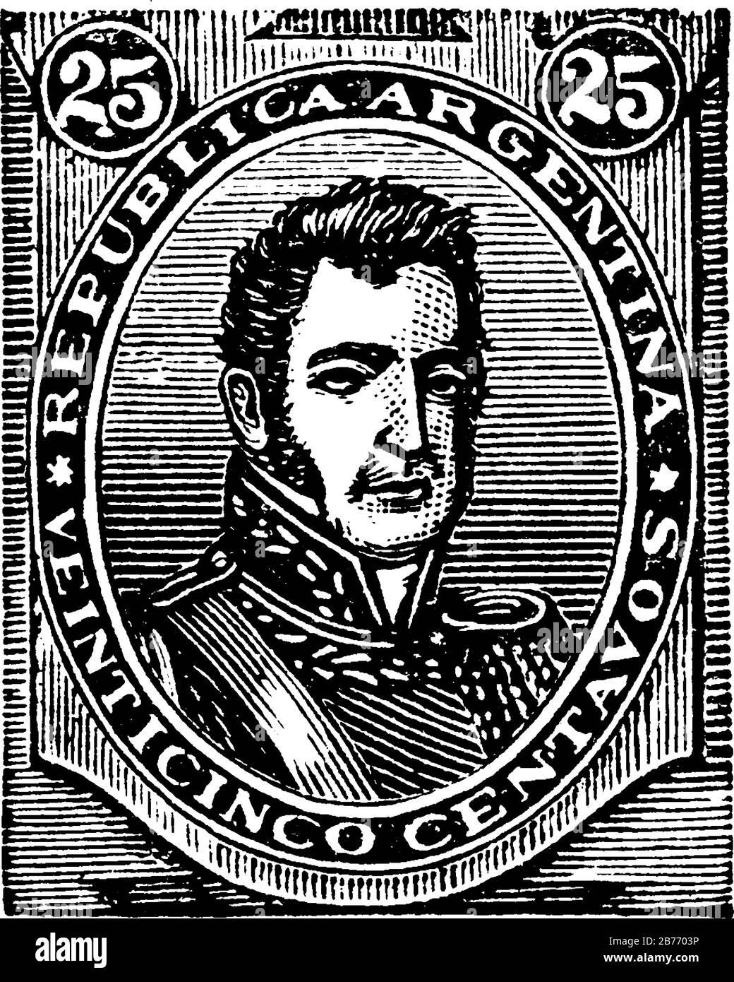 Francobollo argentino (25 centavos) dal 1877-1880, un piccolo pezzo adesivo di carta è stato attaccato a qualcosa per mostrare una quantità di denaro pagato, vintage Illustrazione Vettoriale