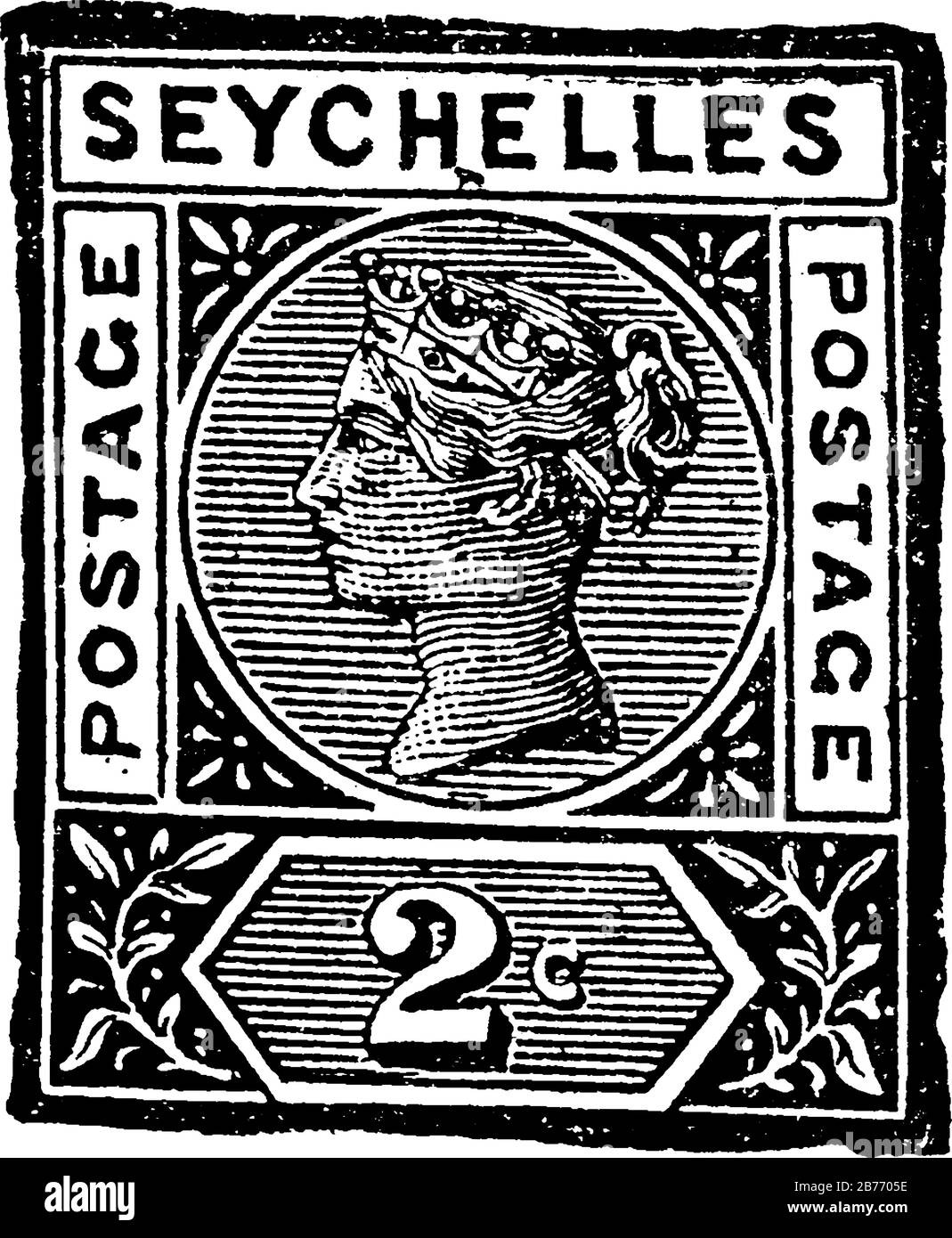 Seychelles Islands Stamp (2 centesimi) dal 1890, un piccolo pezzo di carta adesiva è stato attaccato a qualcosa per mostrare una quantità di denaro pagato, linea vintage dra Illustrazione Vettoriale