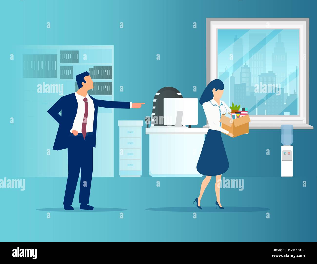 Vettore di un boss maschio arrabbiato sparare dipendente femminile. Illustrazione Vettoriale